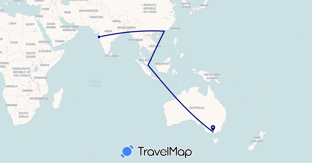 TravelMap itinerary: driving in Australia, China, India, Singapore (Asia, Oceania)